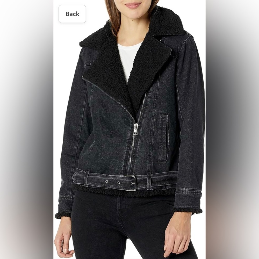 Designer Calvin Klein Oversized Belted Moto with Sherpa Denim Jacket Small